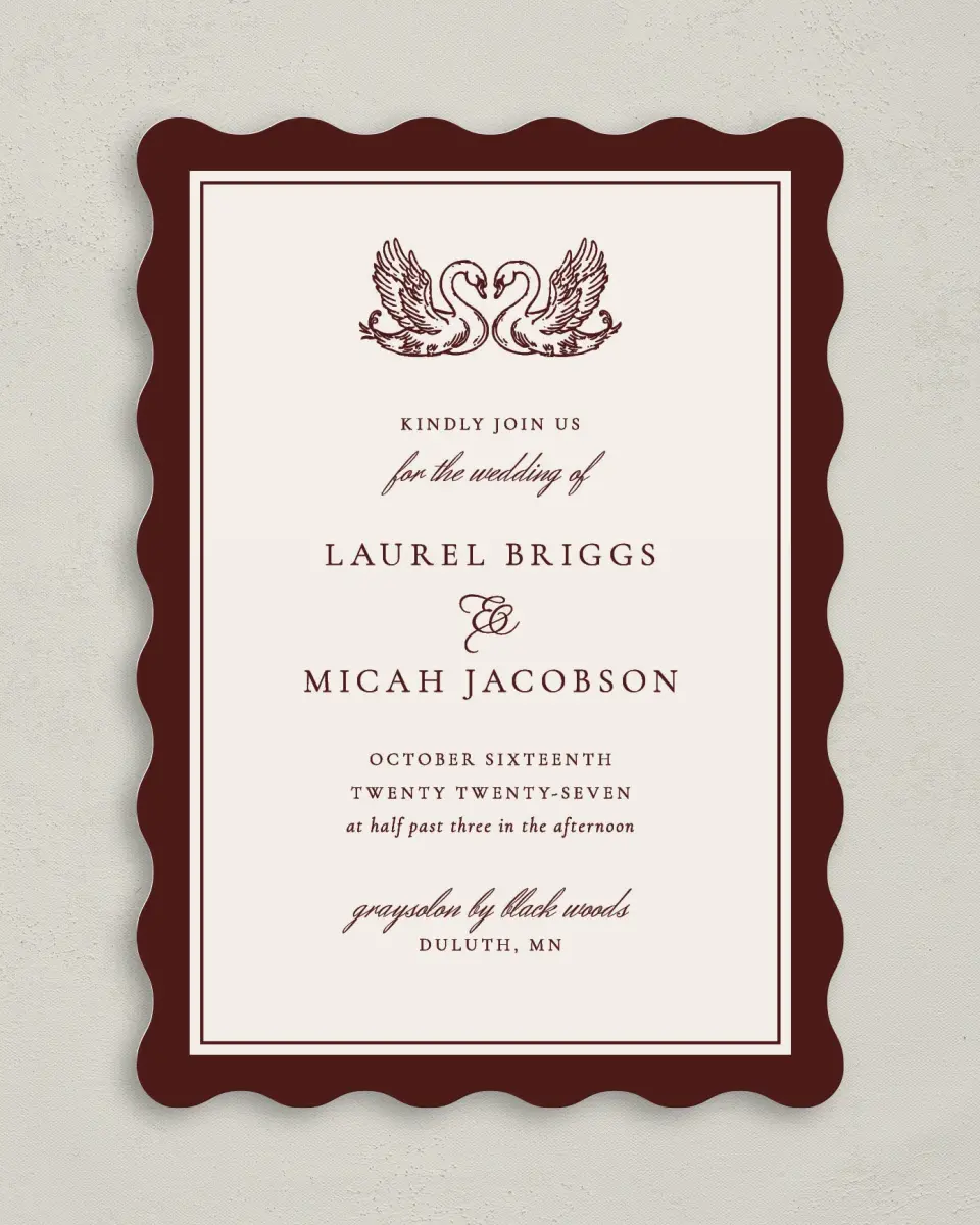 This is a 5" x 7" Wavy Wedding Invitation called Swan Song printed in full color on Premium Smooth paper
