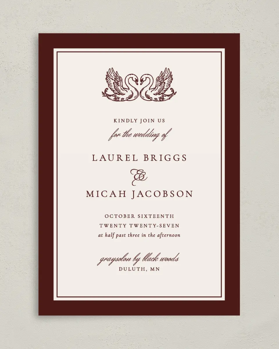 This is a 5" x 7" Classic Wedding Invitation called Swan Song printed in full color on Premium Smooth paper