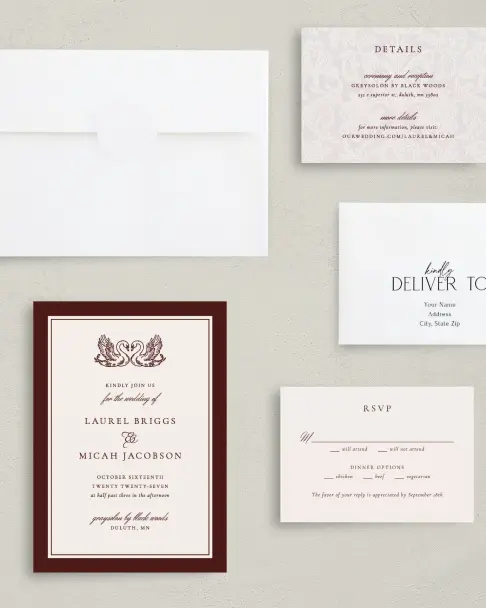 This is a 5" x 7" Classic Wedding Invitation called Swan Song printed in full color on Premium Smooth paper