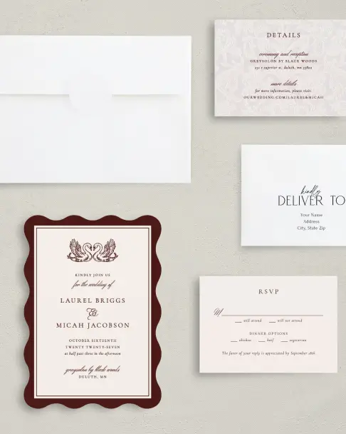 This is a 5" x 7" Wavy Wedding Invitation called Swan Song printed in full color on Premium Smooth paper