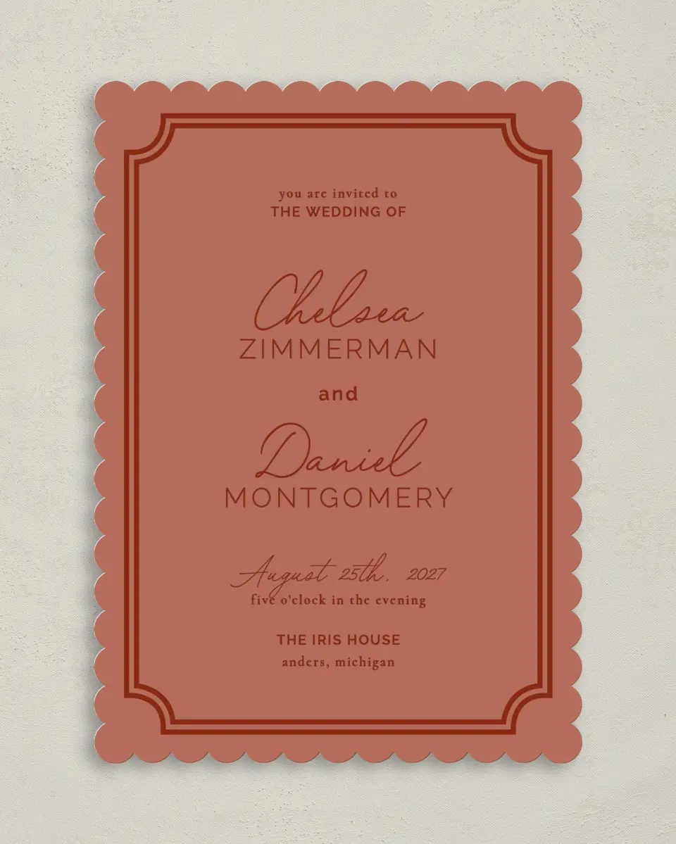 This is a 5" x 7" Classic Wedding Invitation called The Chelsea printed in full color with Gold foil on Luxe Satin (coated) paper