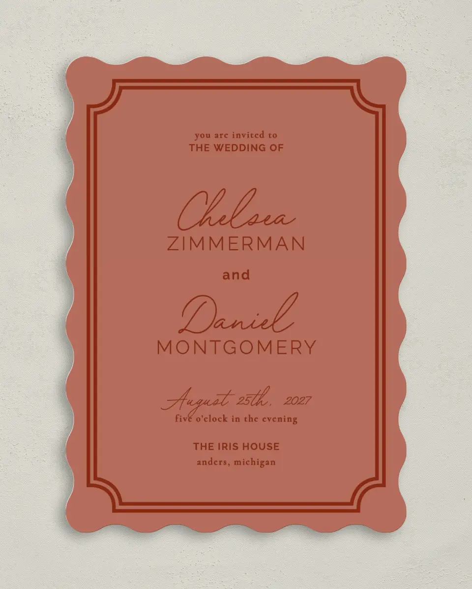 This is a 5" x 7" Wavy Wedding Invitation called The Chelsea printed in full color on Premium Smooth paper