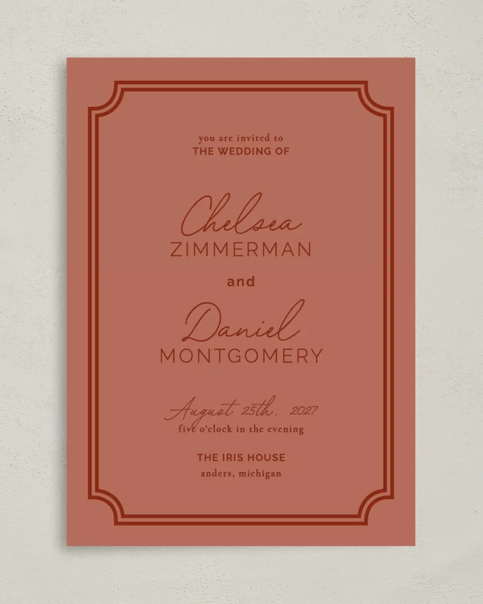 This is a 5" x 7" Classic Wedding Invitation called The Chelsea printed in full color on Premium Smooth paper