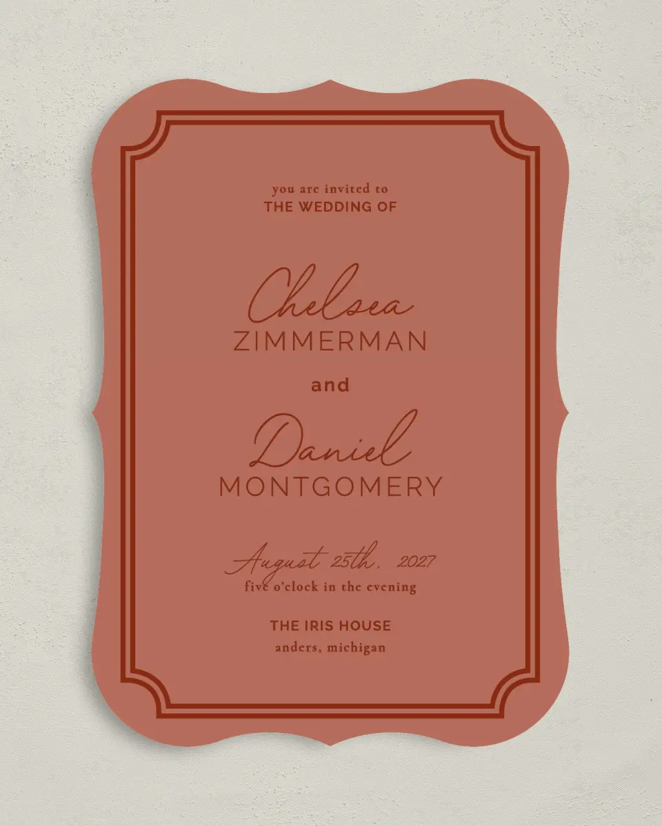 This is a 5" x 7" Bracket Wedding Invitation called The Chelsea printed in full color on Premium Smooth paper