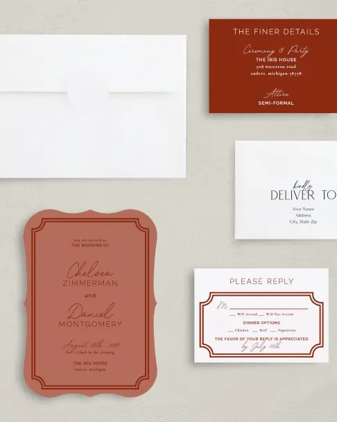 This is a 5" x 7" Bracket Wedding Invitation called The Chelsea printed in full color on Premium Smooth paper