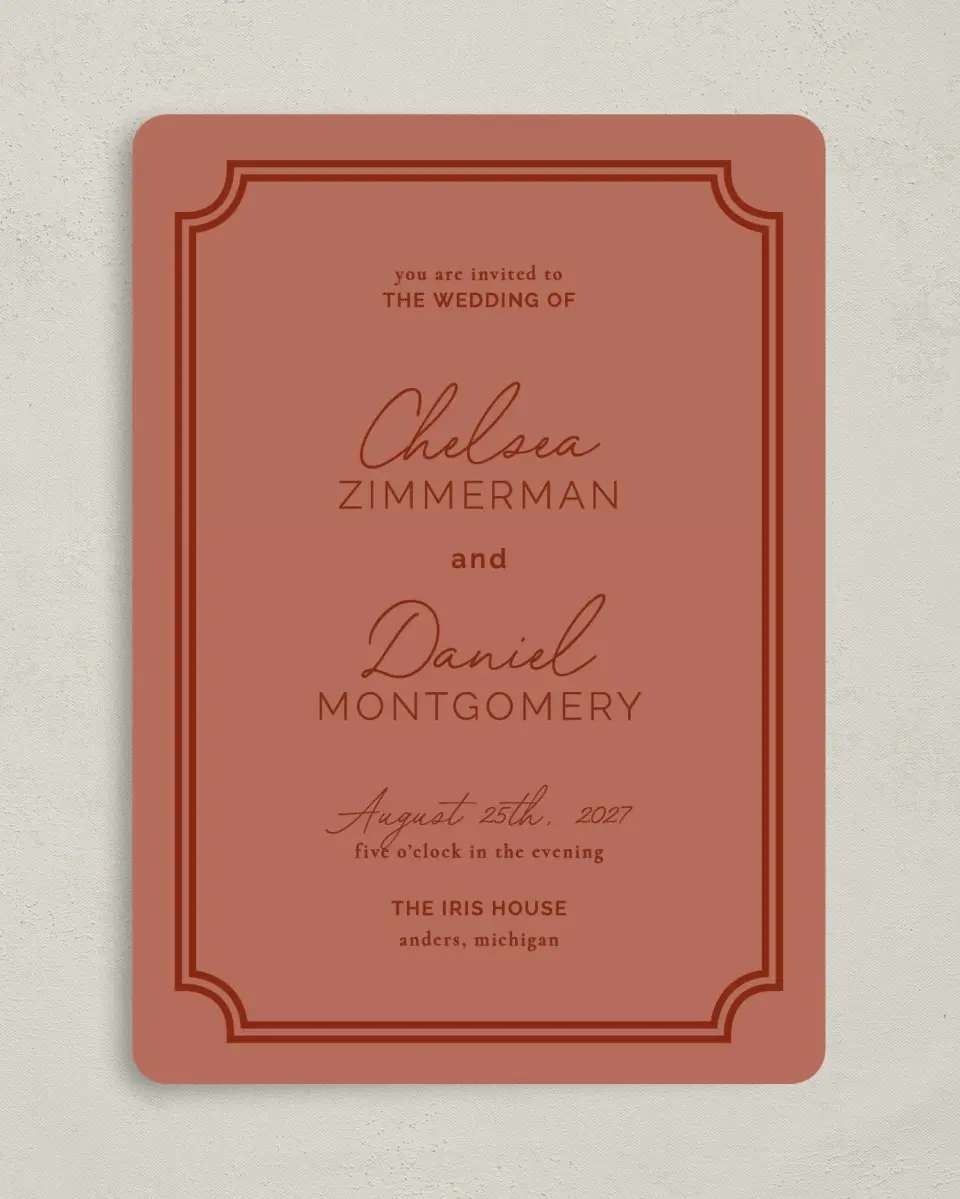This is a 5" x 7" Rounded Wedding Invitation called The Chelsea printed in full color on Premium Smooth paper