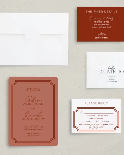 This is a 5" x 7" Rounded Wedding Invitation called The Chelsea printed in full color on Premium Smooth paper