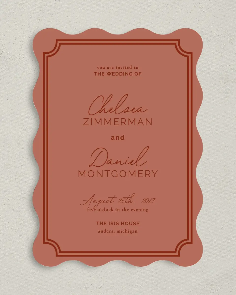 This is a 5" x 7" Wavy Wedding Invitation called The Chelsea printed in full color on Premium Smooth paper