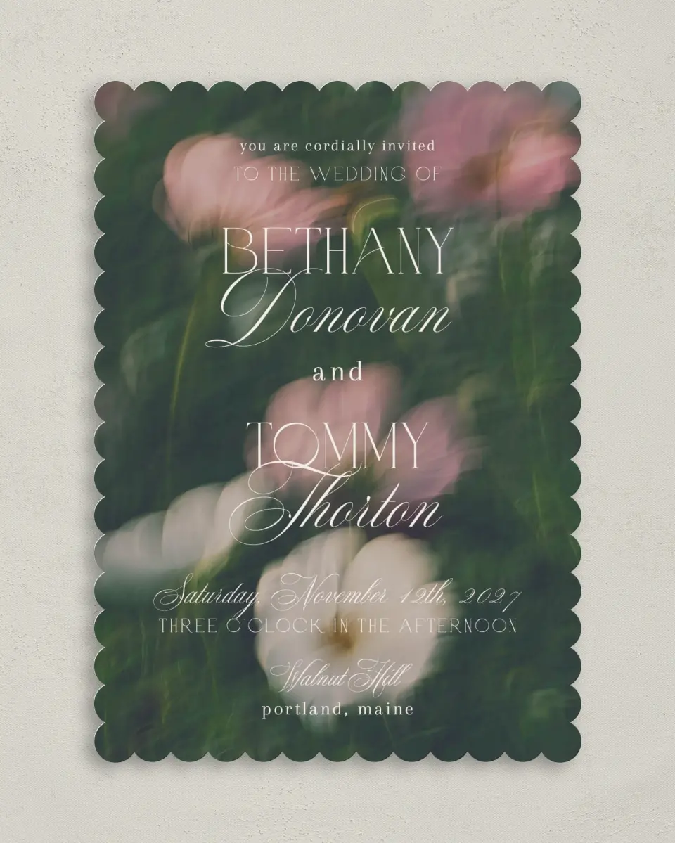 This is a 5" x 7" Classic Wedding Invitation called The Bethany printed in full color with Gold foil on Premium Smooth paper