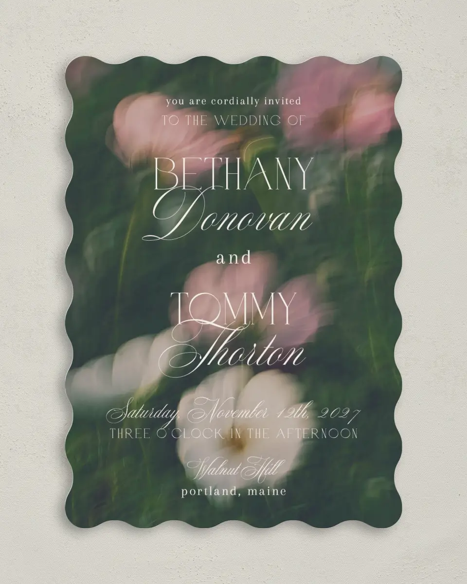 This is a 5" x 7" Wavy Wedding Invitation called The Bethany printed in full color on Premium Smooth paper
