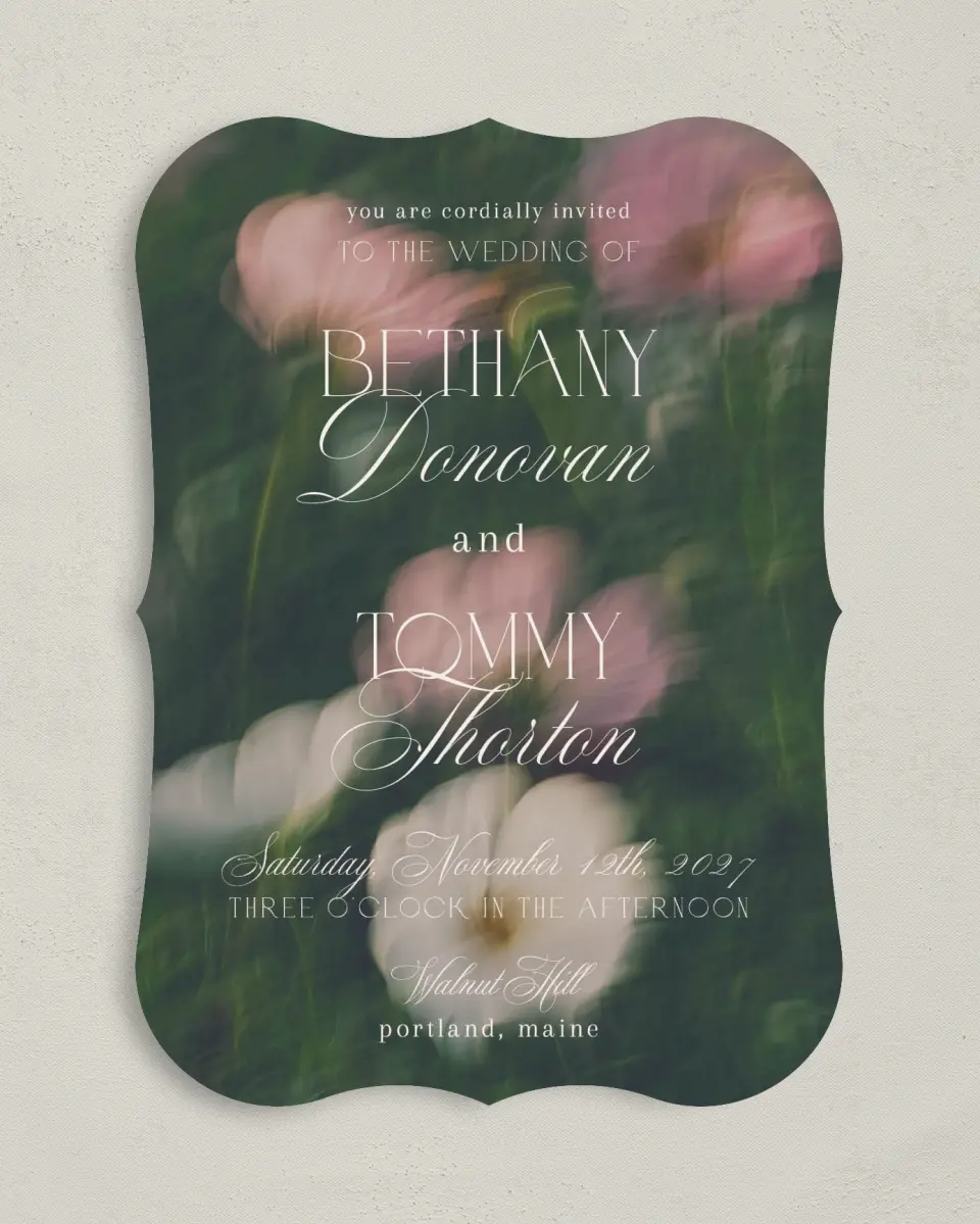 This is a 5" x 7" Bracket Wedding Invitation called The Bethany printed in full color on Premium Smooth paper