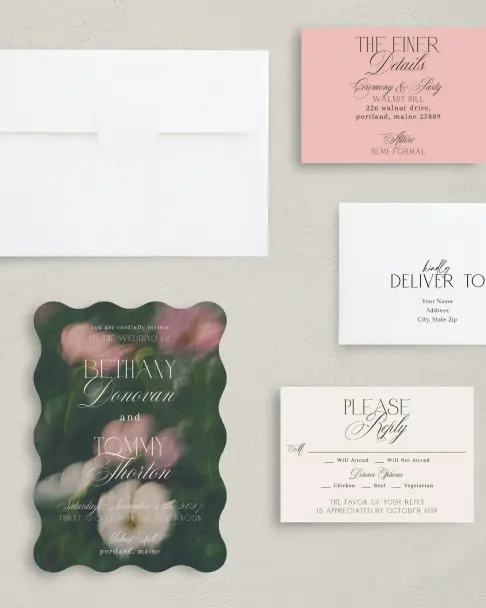 This is a 5" x 7" Wavy Wedding Invitation called The Bethany printed in full color on Premium Smooth paper