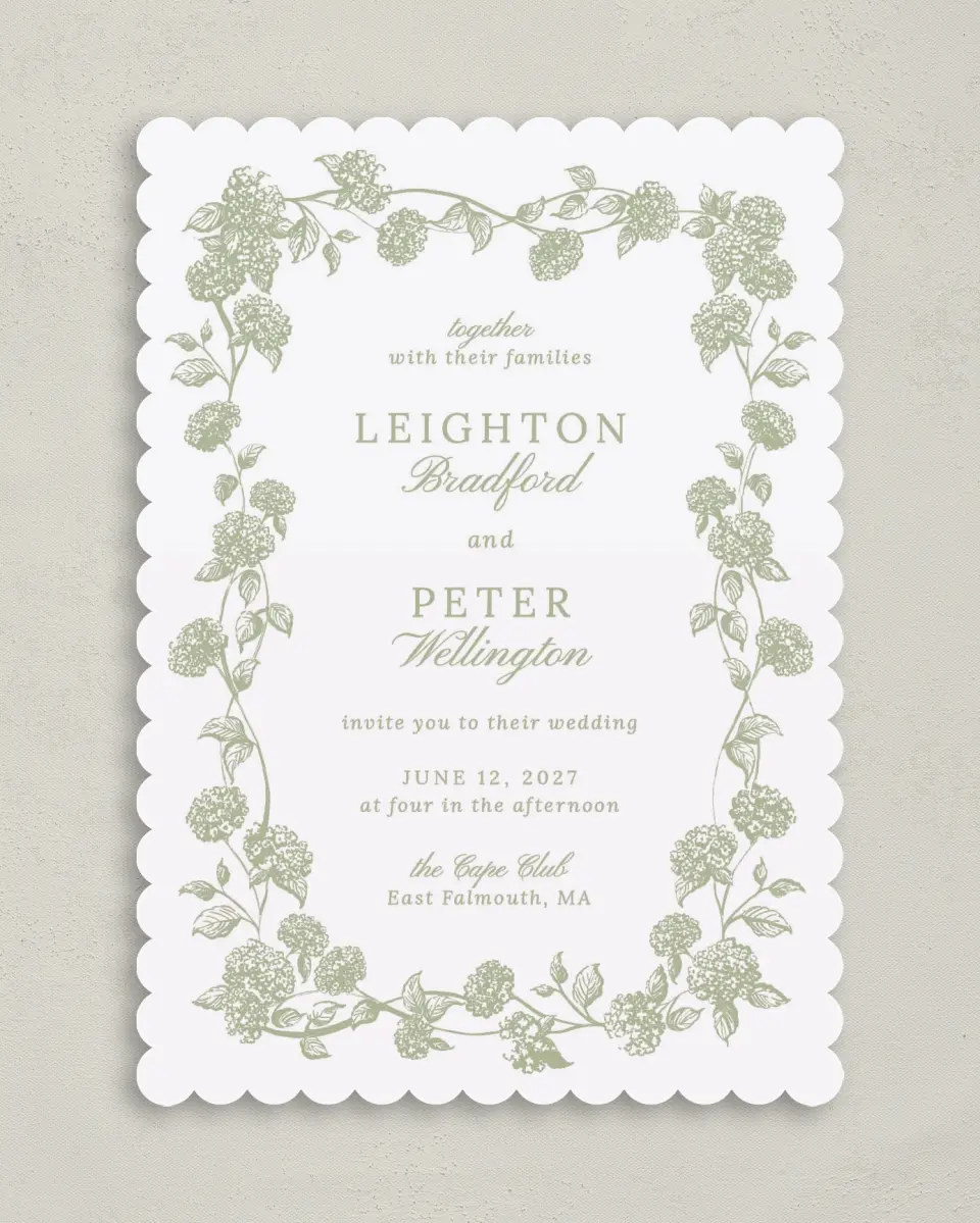 This is a 5" x 7" Classic Wedding Invitation called Harmonious Hydrangea printed in full color on Premium Smooth paper