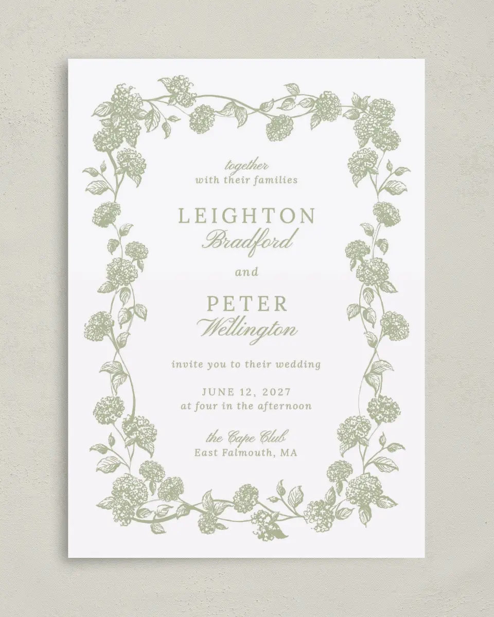 This is a 5" x 7" Classic Wedding Invitation called Harmonious Hydrangea printed in full color on Premium Smooth paper