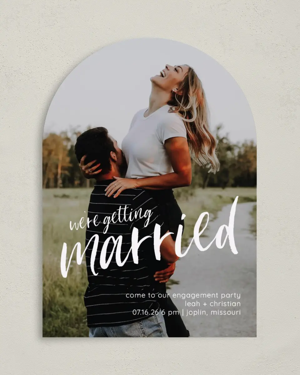 This is a 5" x 7" Engagement Party Invitation called Exciting News printed in full color on Luxe Satin paper