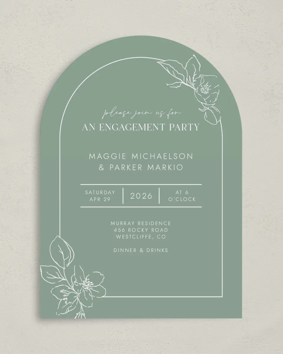 This is a 5" x 7" Engagement Party Invitation called Blossoming Arch printed in full color on Luxe Satin paper