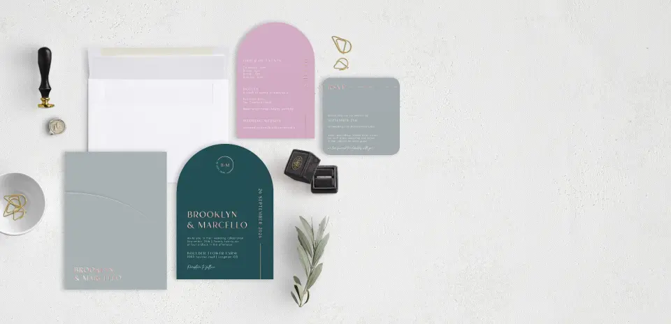 Stacked Wedding Invitations with pocket and coordinating items