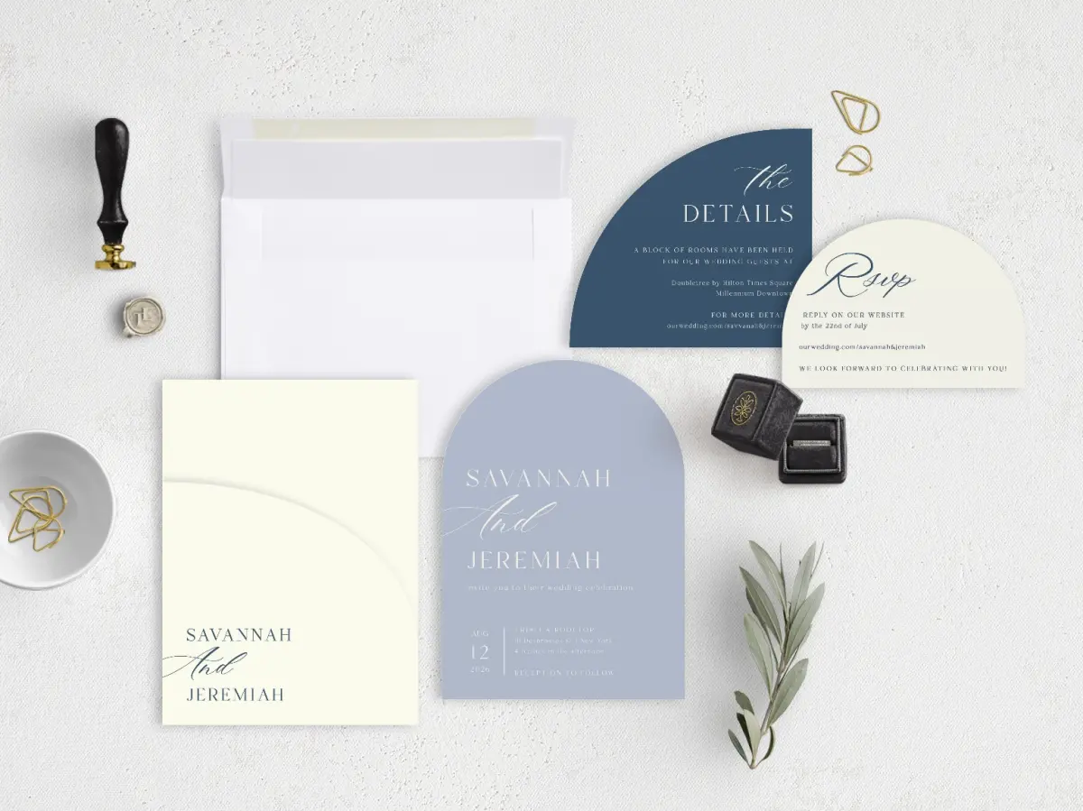 Stacked Wedding Invitations with pocket and coordinating items