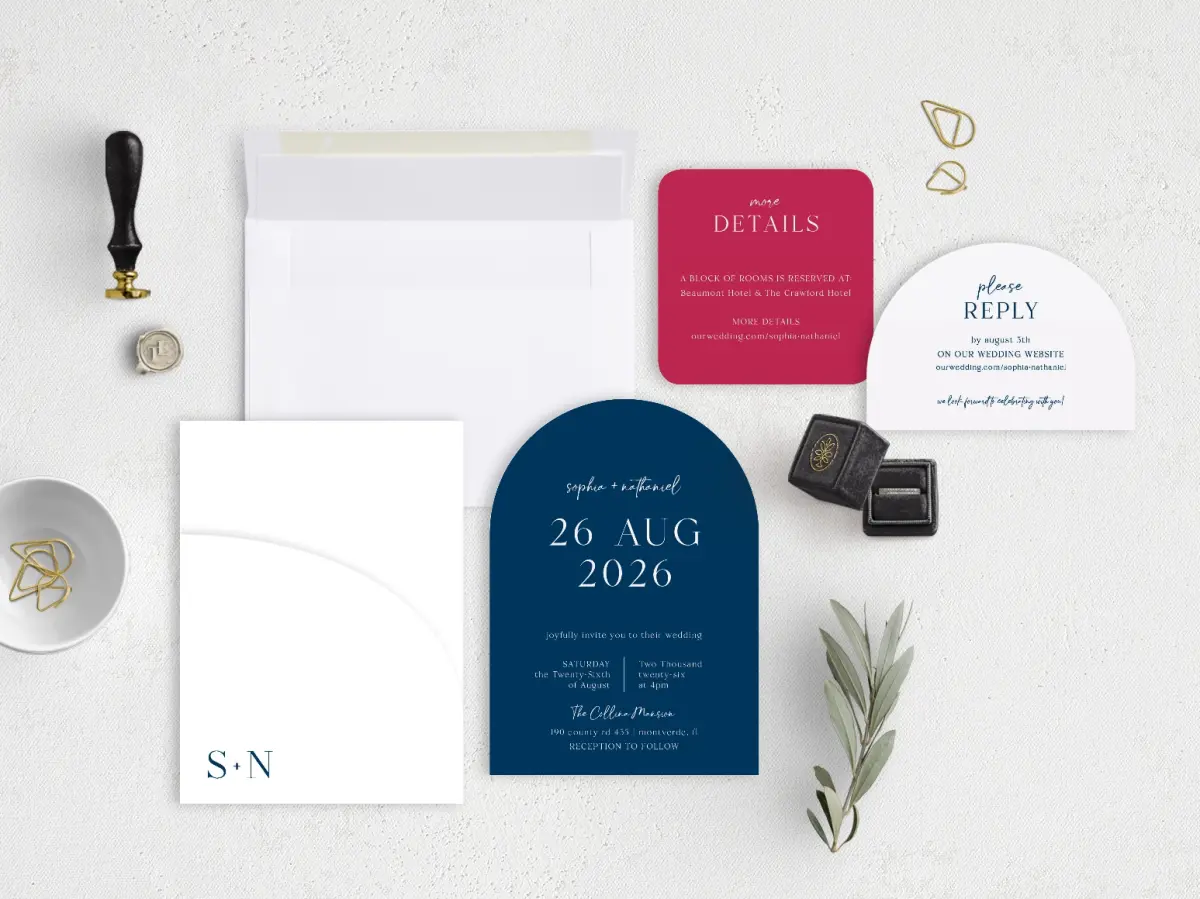 Stacked Wedding Invitations with pocket and coordinating items