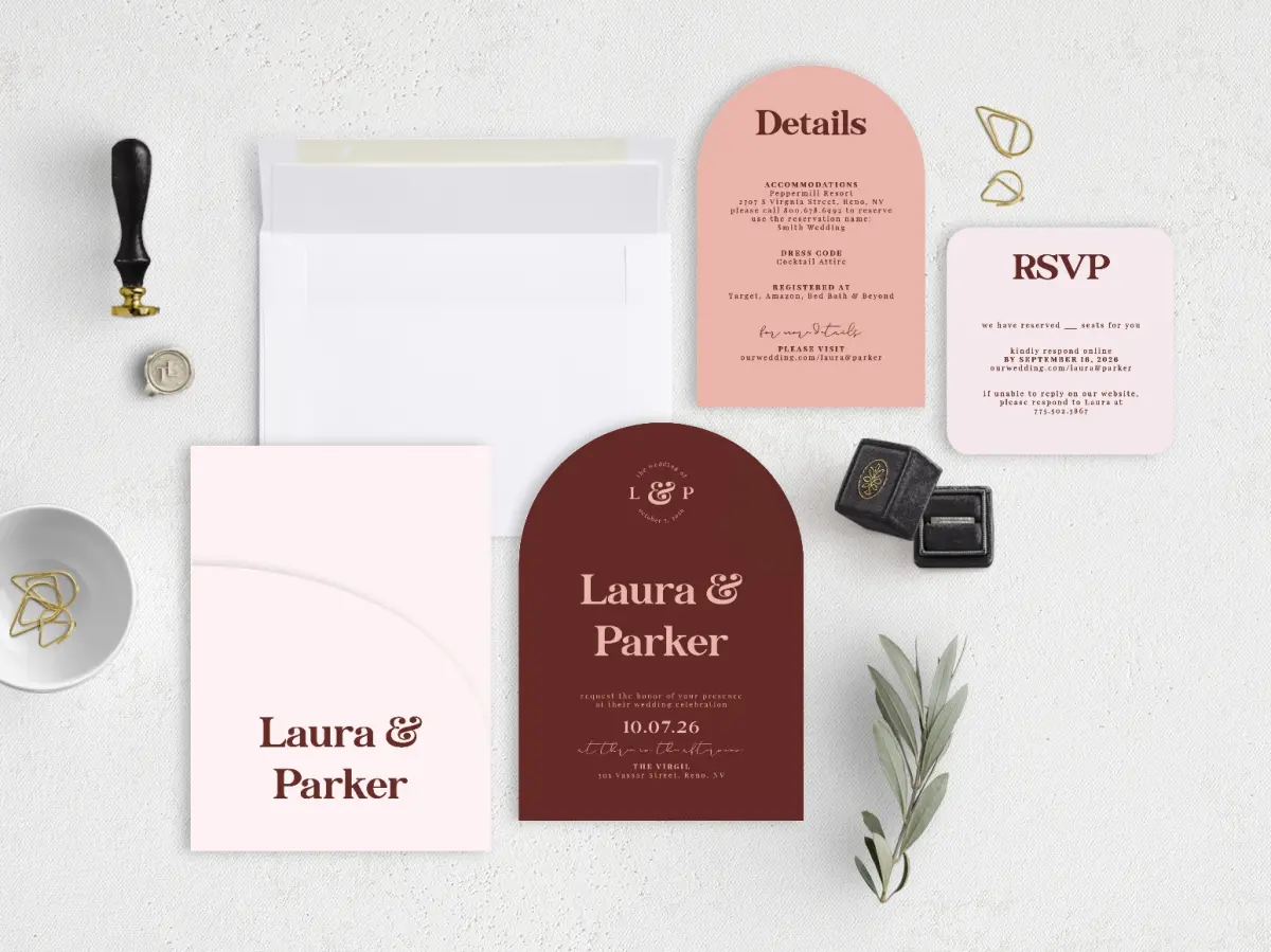 Stacked Wedding Invitations with pocket and coordinating items