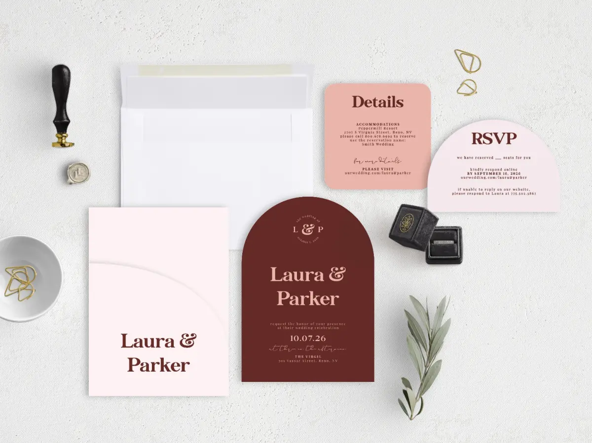 Stacked Wedding Invitations with pocket and coordinating items