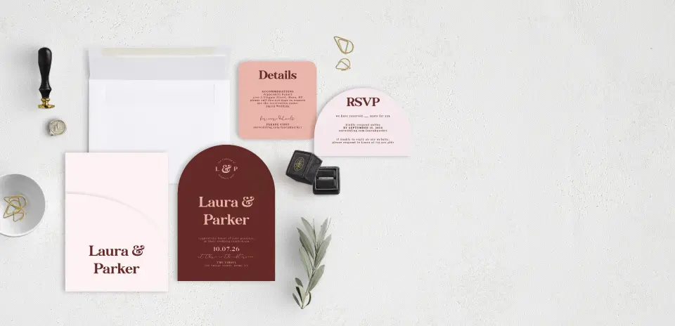 Stacked Wedding Invitations with pocket and coordinating items