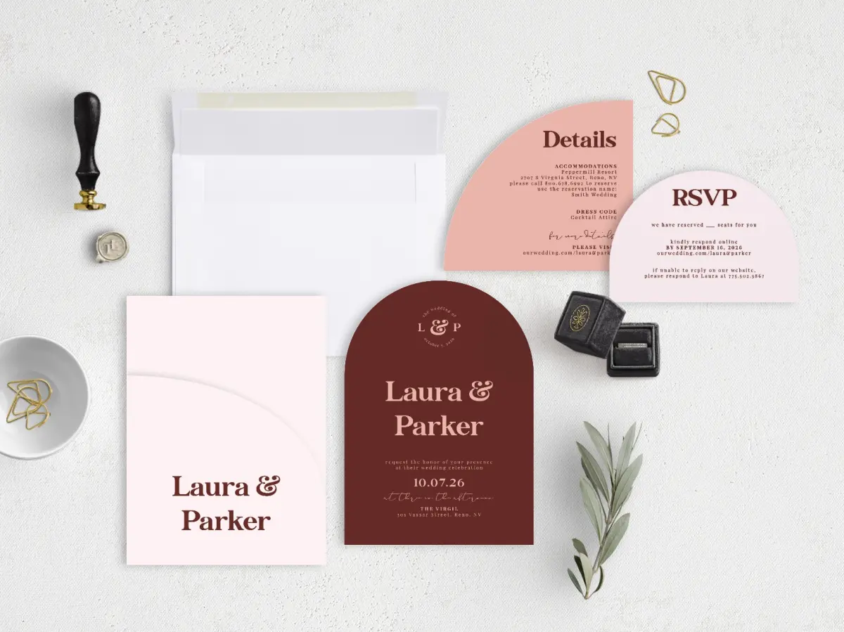 Stacked Wedding Invitations with pocket and coordinating items