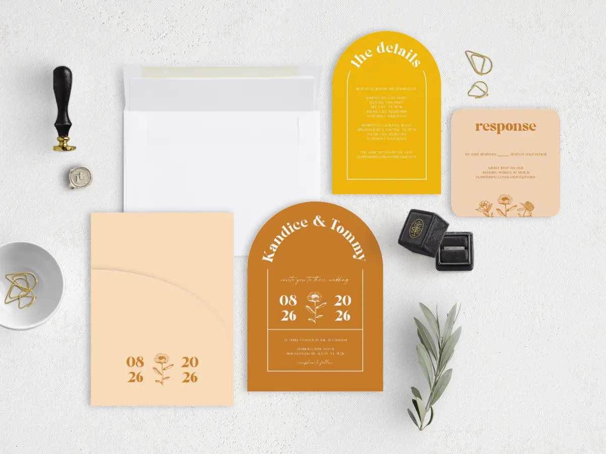 Stacked Wedding Invitations with pocket and coordinating items