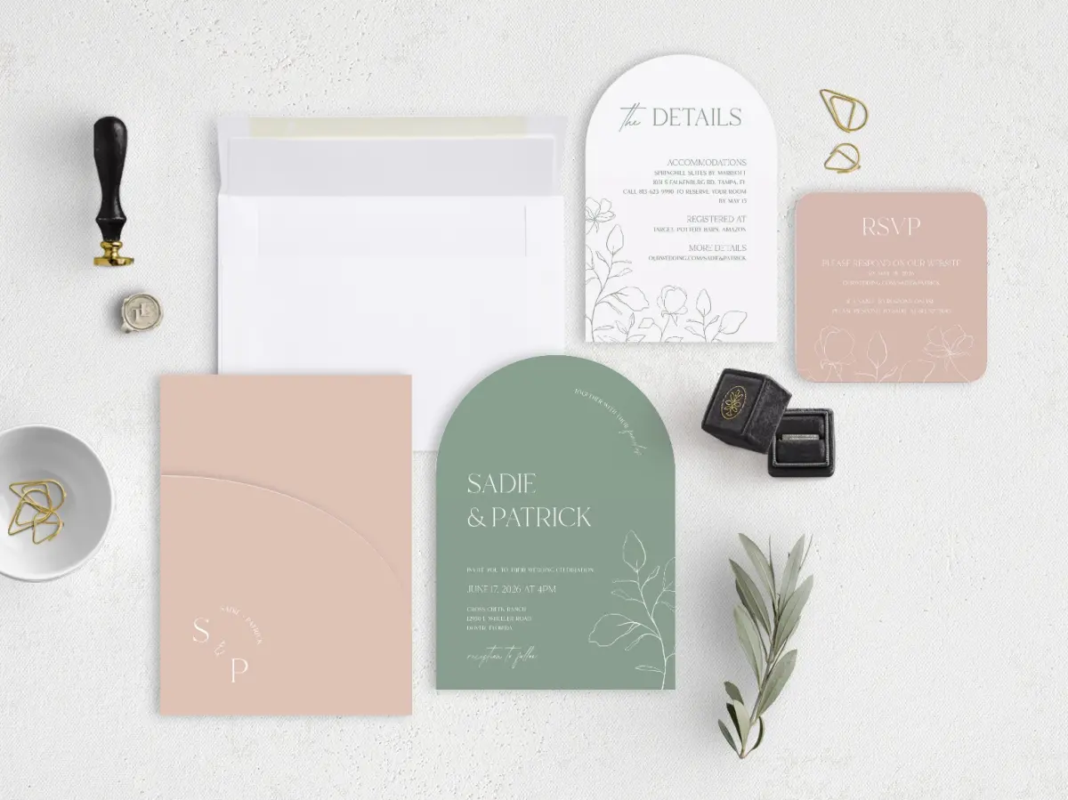 Stacked Wedding Invitations with pocket and coordinating items