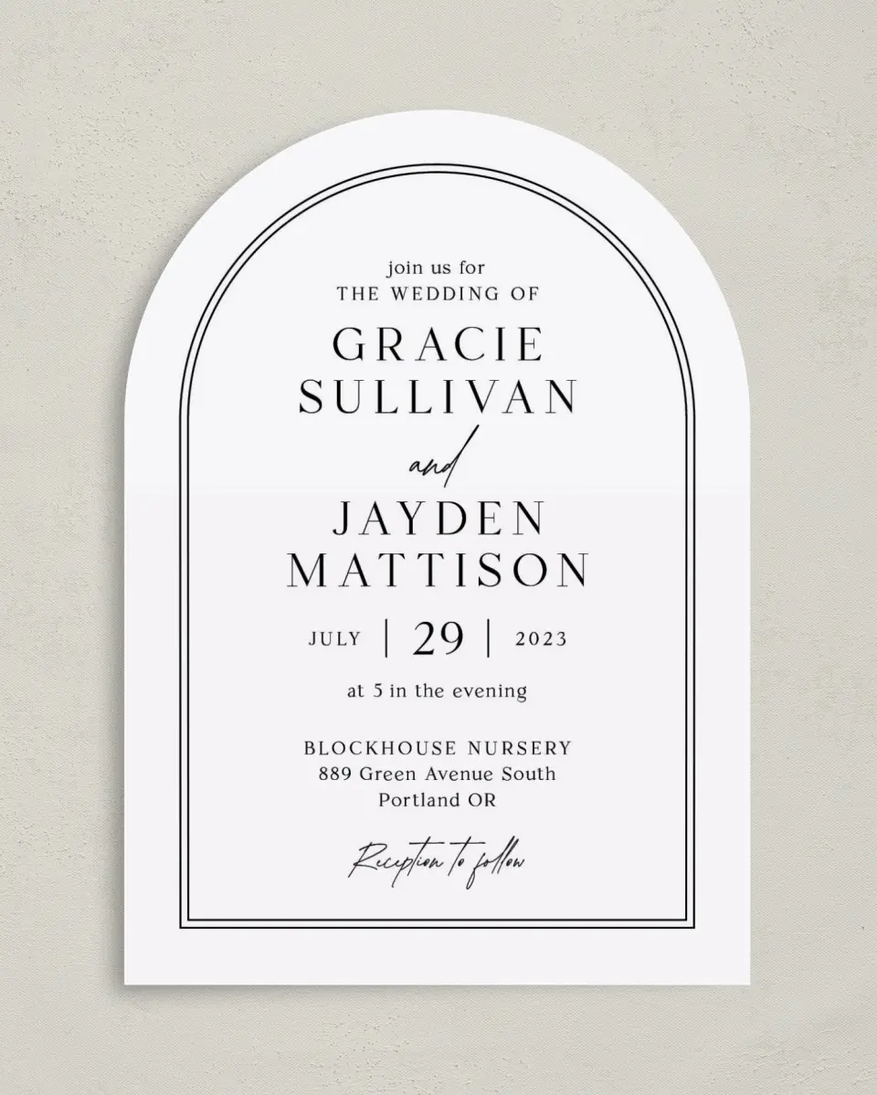 This is a 5" x 7" Arch Wedding Invitation called Dramatic Date printed in full color with Silver foil on Luxe Satin paper