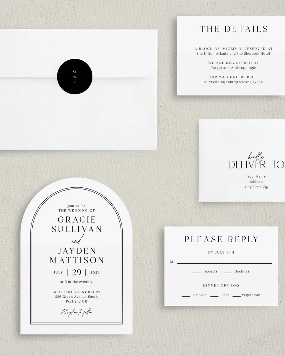 This is a 5" x 7" Arch Wedding Invitation called Dramatic Date printed in full color with Silver foil on Luxe Satin paper