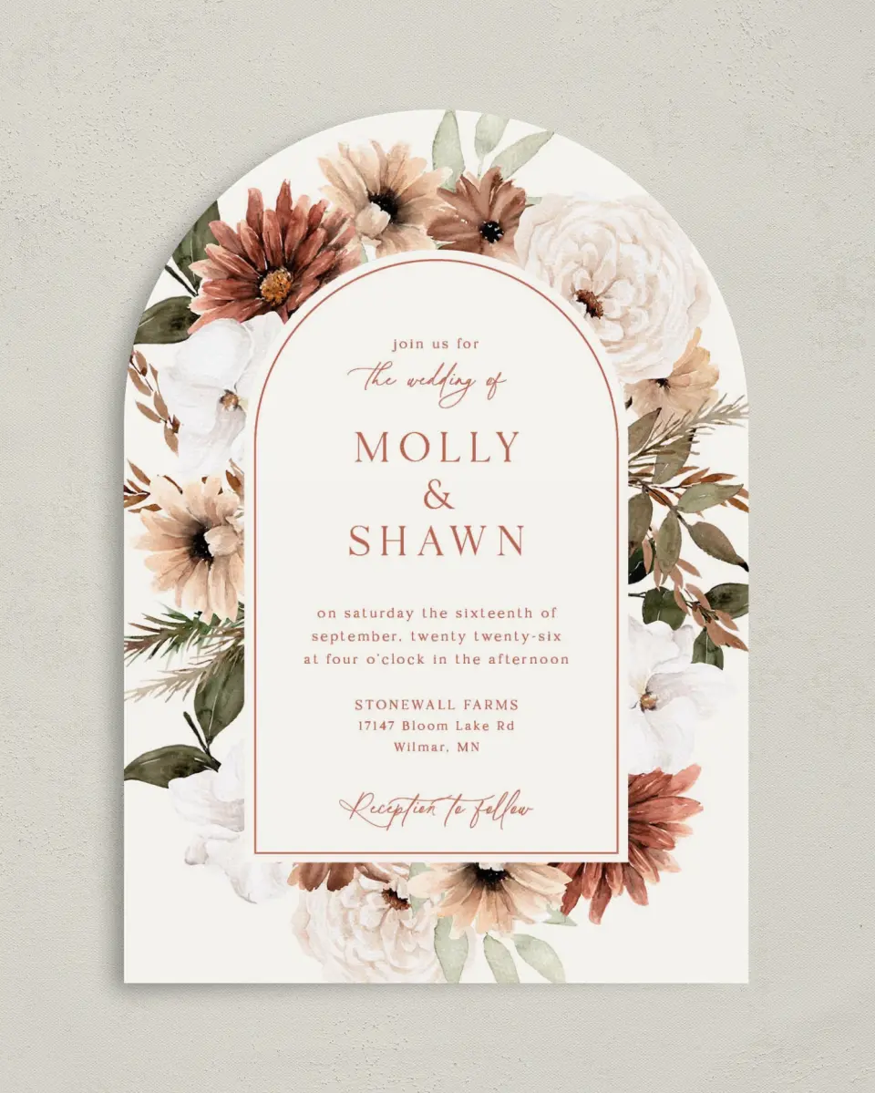 This is a 5" x 7" Arch Wedding Invitation called Autumn Blooms printed in full color on Luxe Satin paper