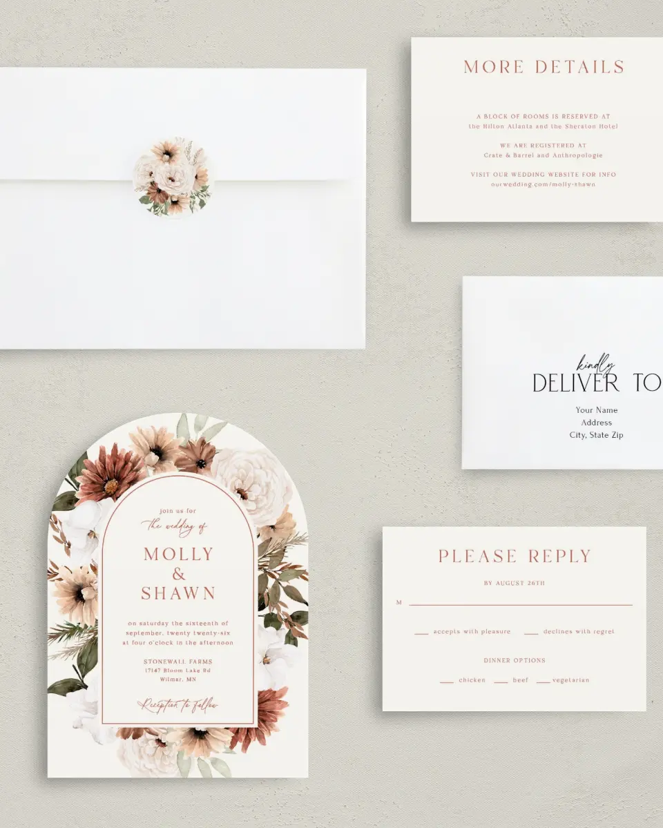 This is a 5" x 7" Arch Wedding Invitation called Autumn Blooms printed in full color with Silver foil on Luxe Satin paper