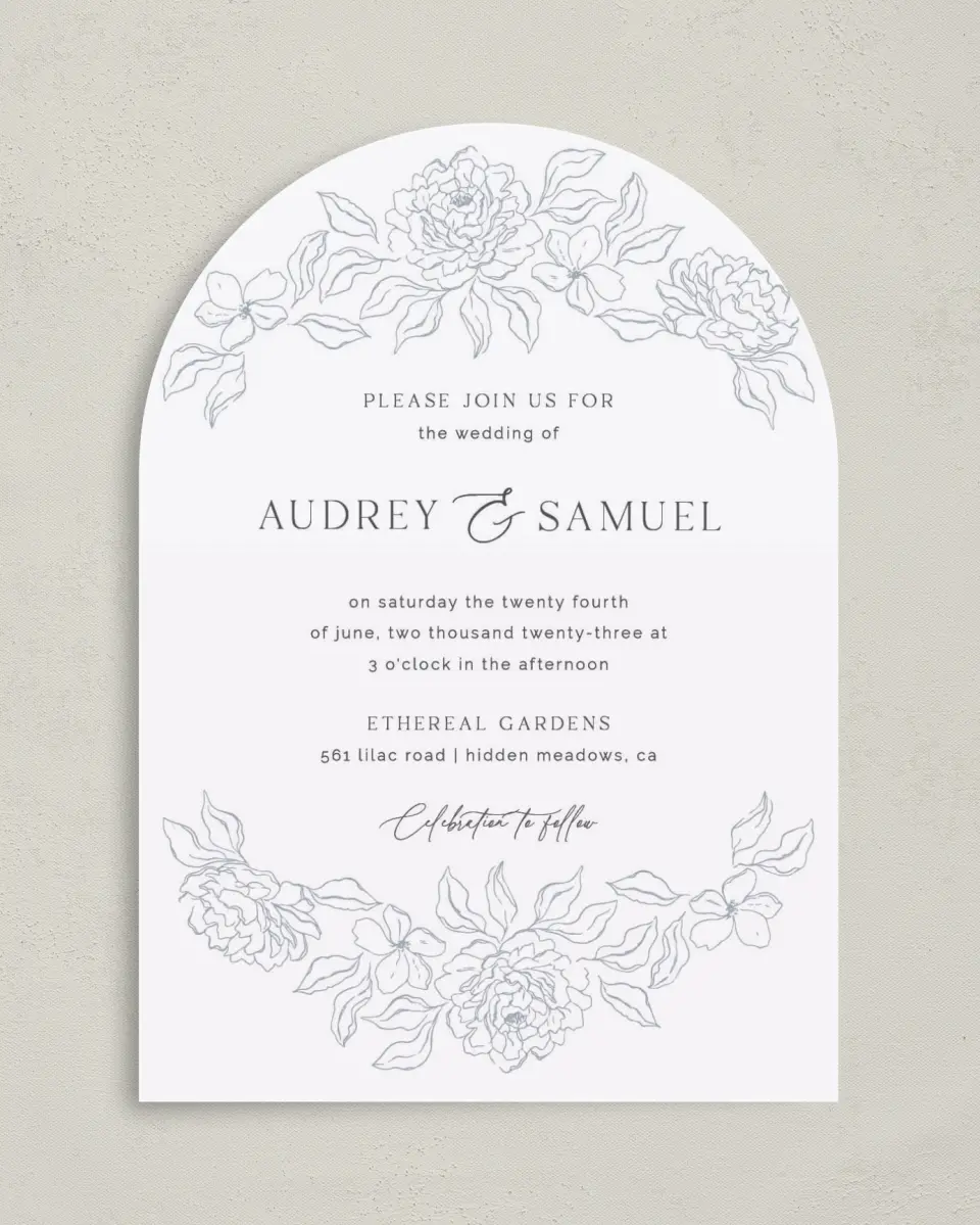 This is a 5" x 7" Arch Wedding Invitation called Graceful Petals printed in full color on Luxe Satin paper