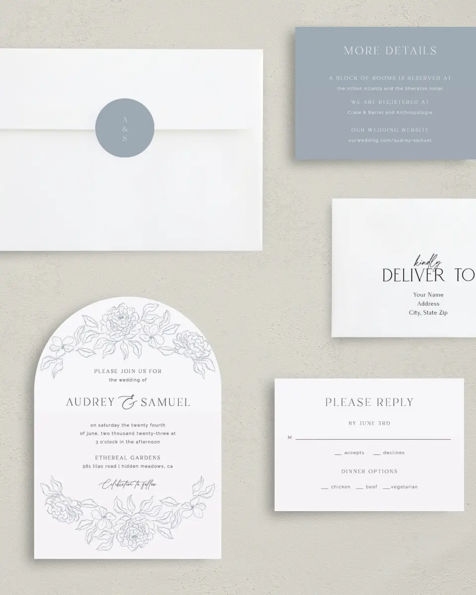 This is a 5" x 7" Arch Wedding Invitation called Graceful Petals printed in full color with Silver foil on Luxe Satin paper