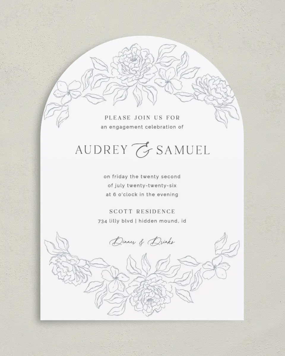 This is a 5" x 7" Engagement Party Invitation called Graceful Petals printed in full color on Luxe Satin paper