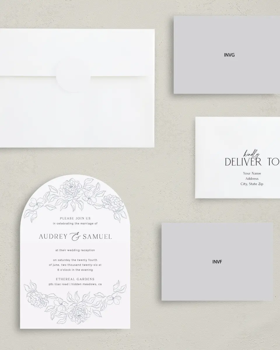 This is a 5" x 7" Reception-Only - CP called Graceful Petals printed in full color with Silver foil on Luxe Satin paper