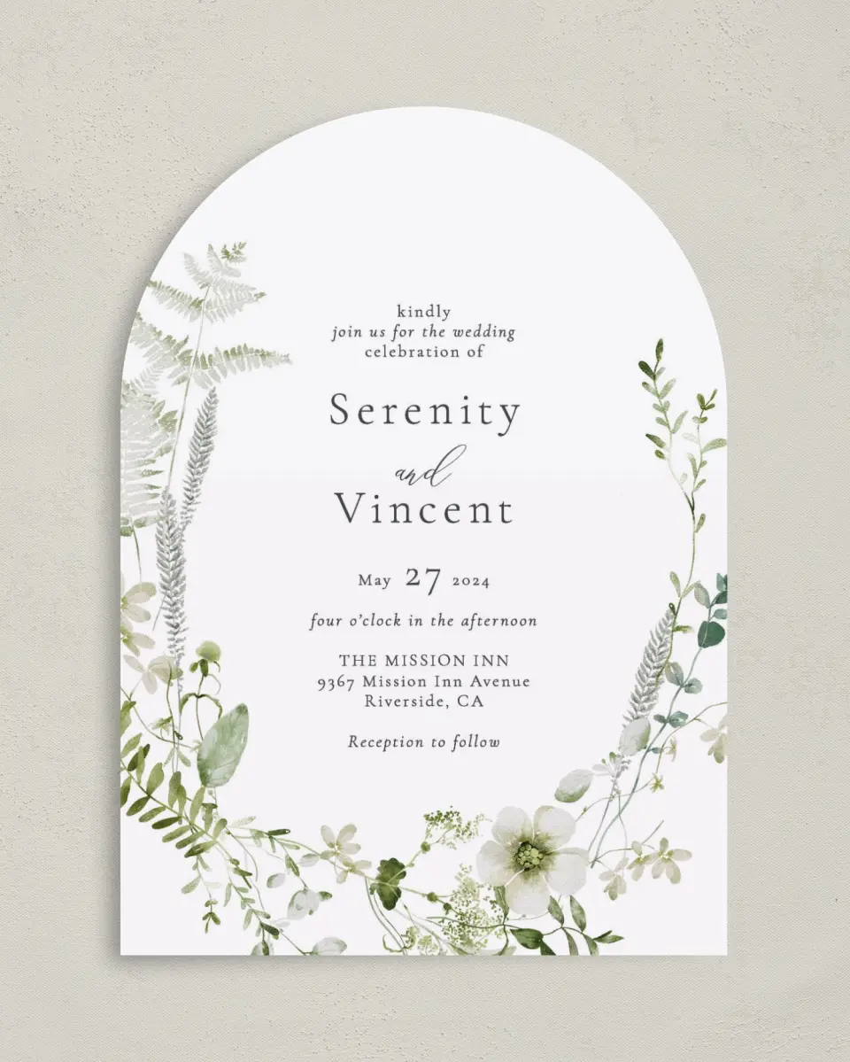 This is a 5" x 7" Arch Wedding Invitation called Graceful Greenery printed in full color on Luxe Satin paper