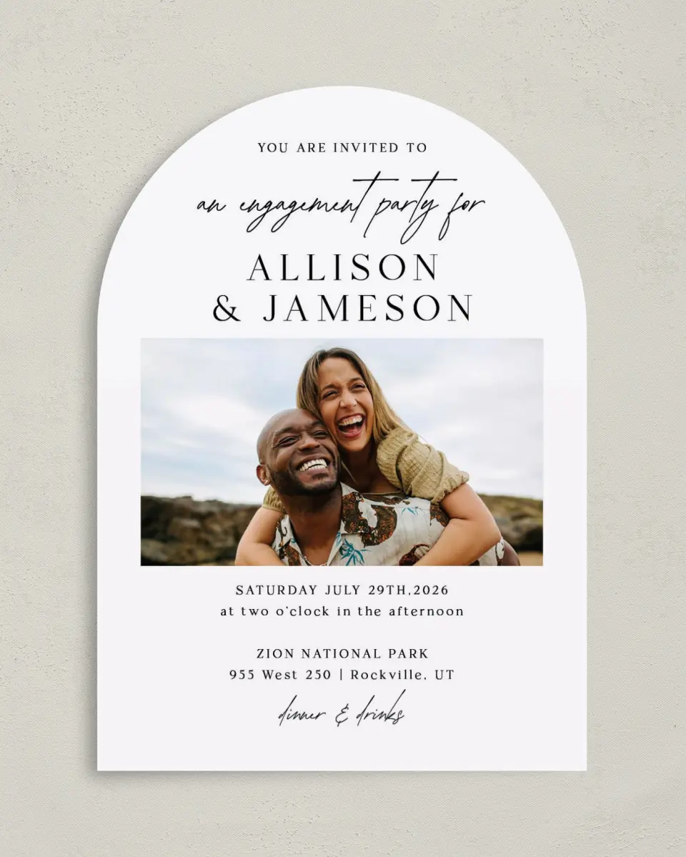 This is a 5" x 7" Engagement Party Invitation called Simple Signature printed in full color on Luxe Satin paper