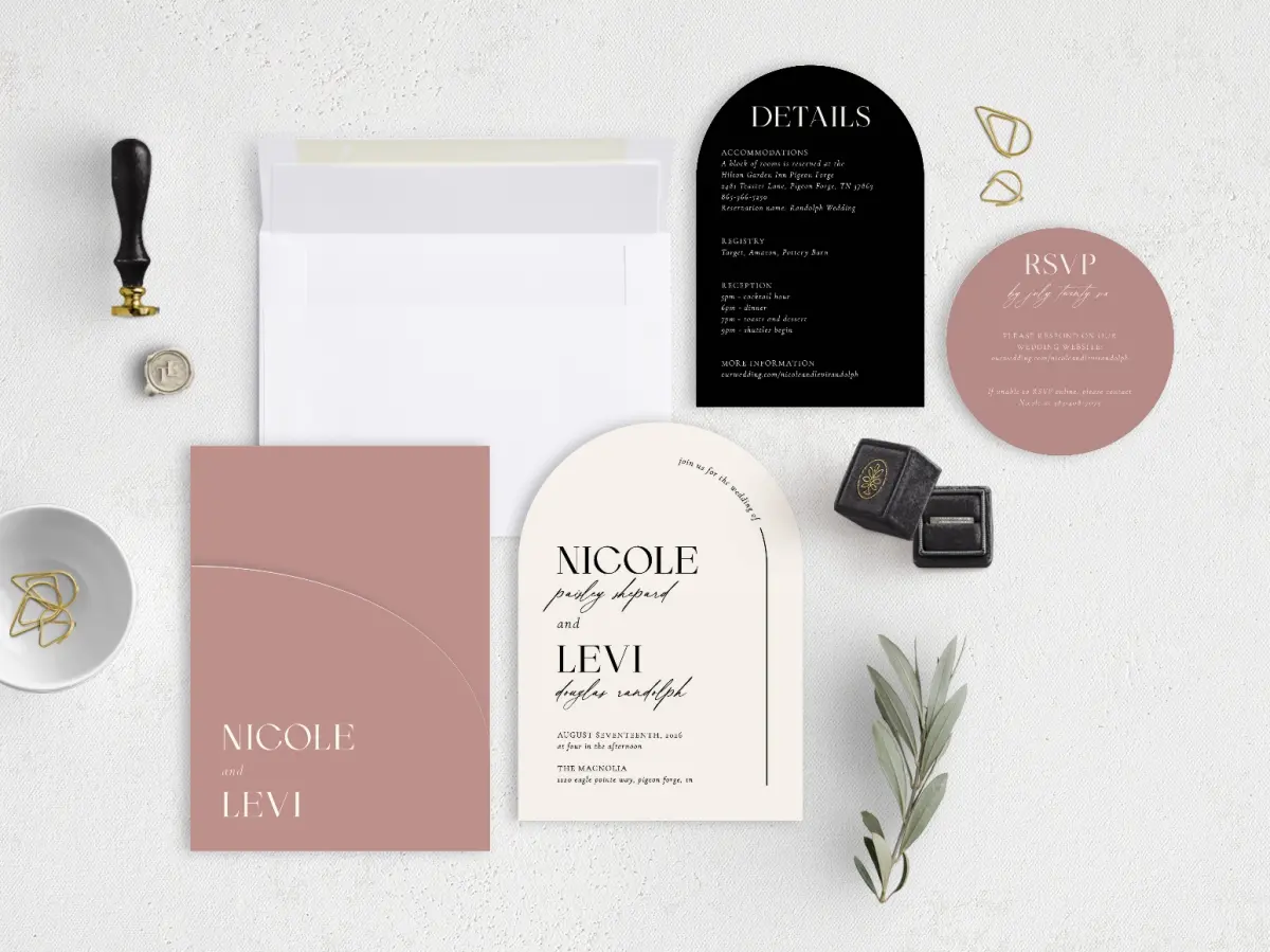 Stacked Wedding Invitations with pocket and coordinating items