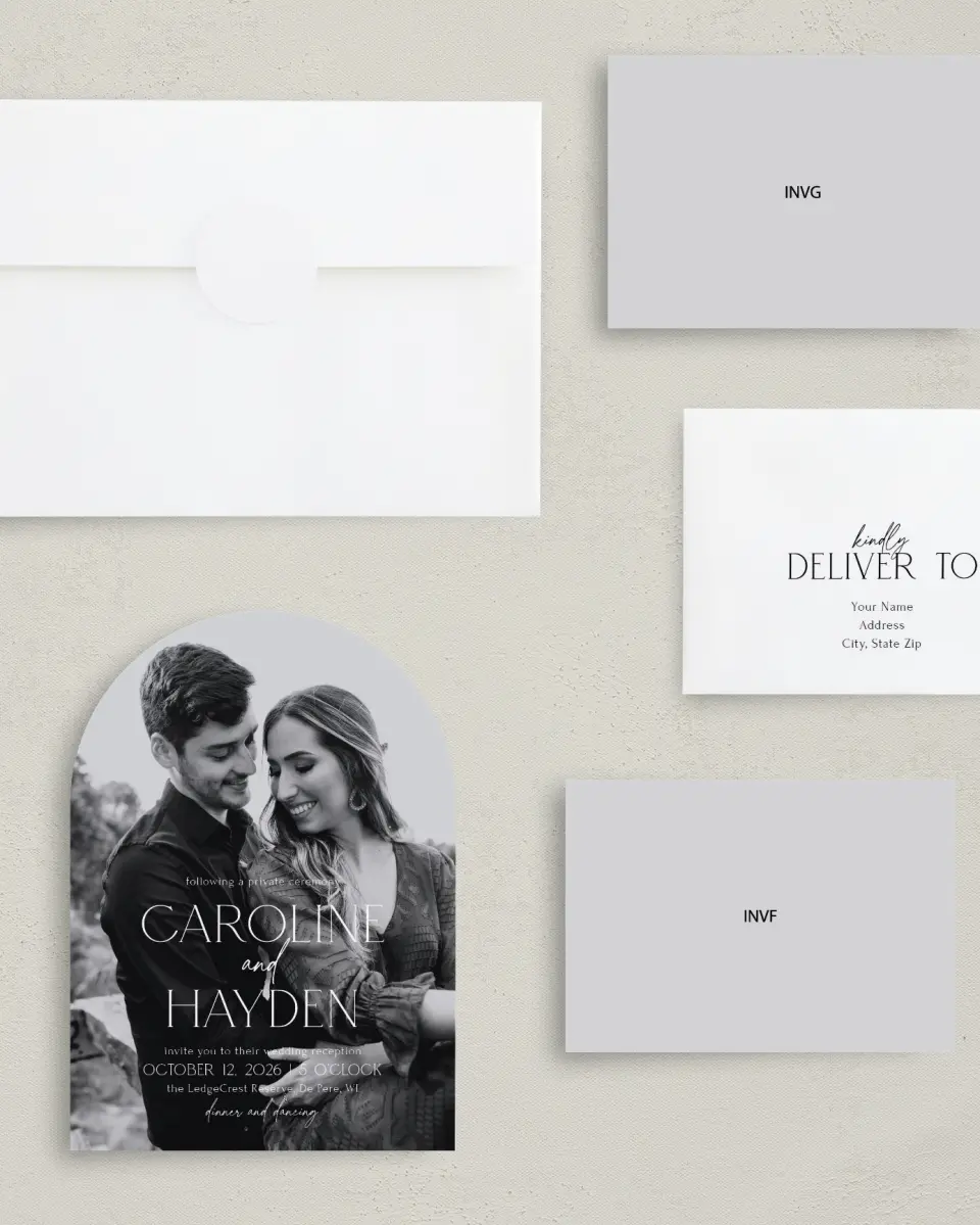 This is a 5" x 7" Reception-Only - CP called The Caroline printed in full color on Luxe Satin paper
