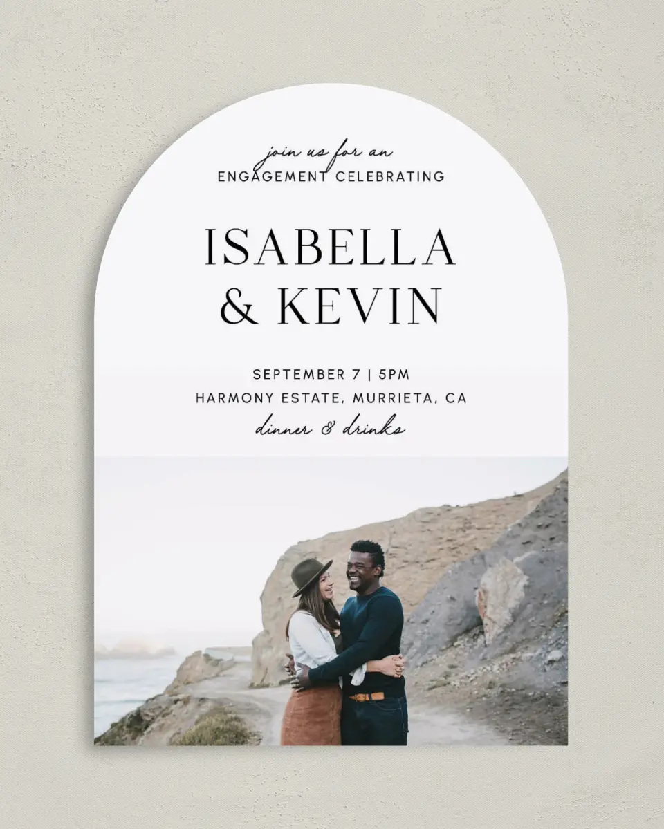 This is a 5" x 7" Engagement Party Invitation called The Isabella printed in full color on Luxe Satin paper