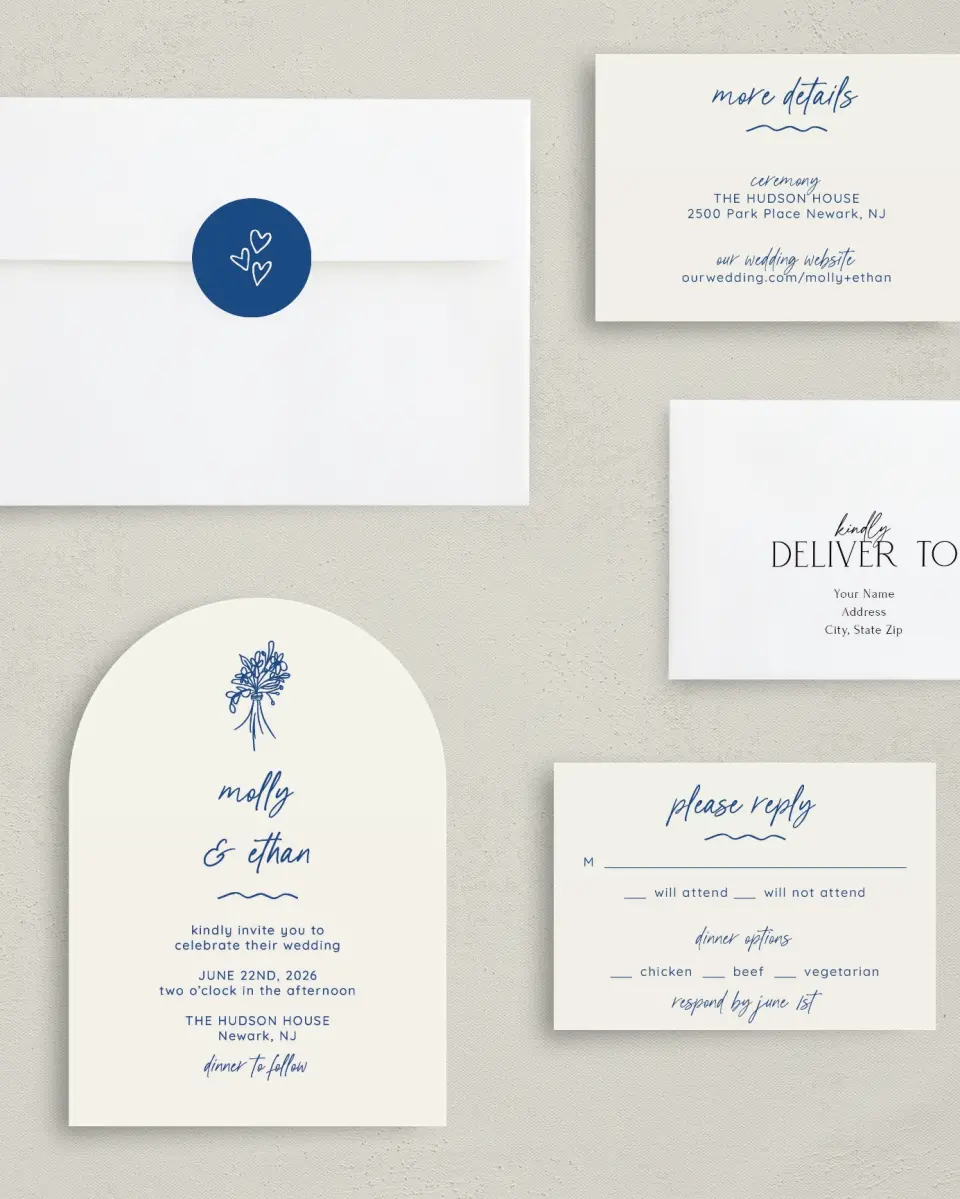 This is a 5" x 7" Classic Wedding Invitation called Drawn To You printed in full color with Silver foil on Luxe Satin paper