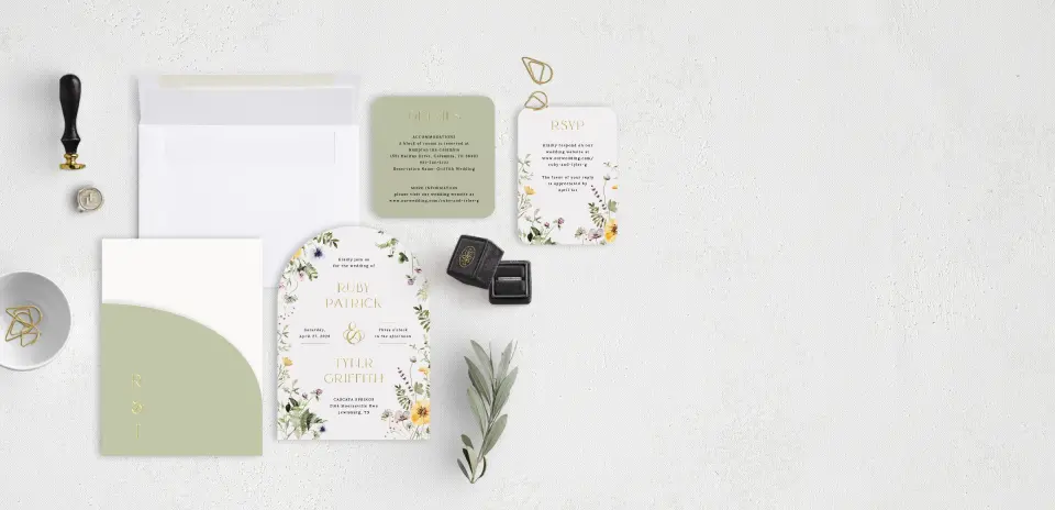 Stacked Wedding Invitations with pocket and coordinating items