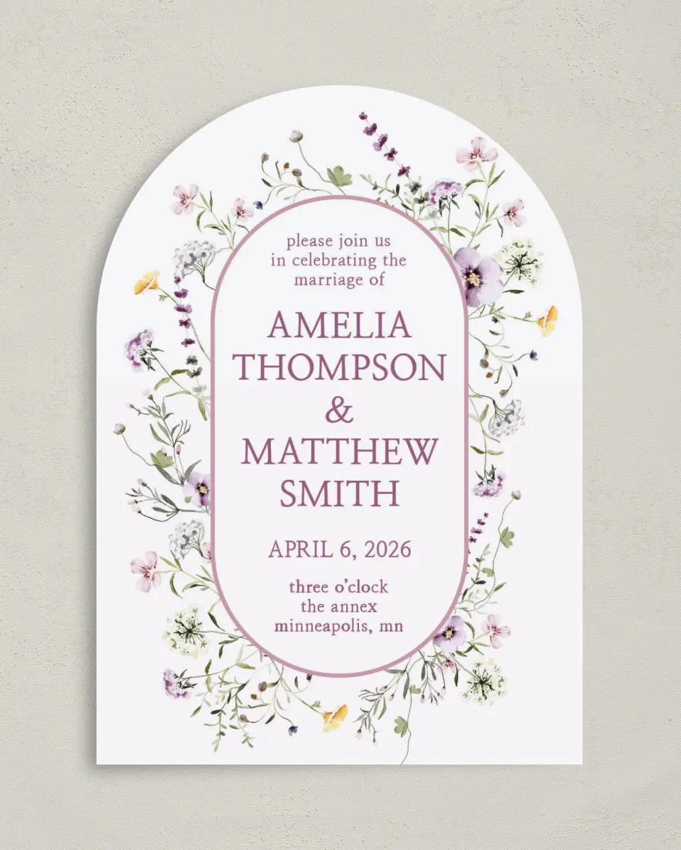 This is a 5" x 7" Arch Wedding Invitation called Whimsy Fairytale printed in full color on Luxe Satin paper