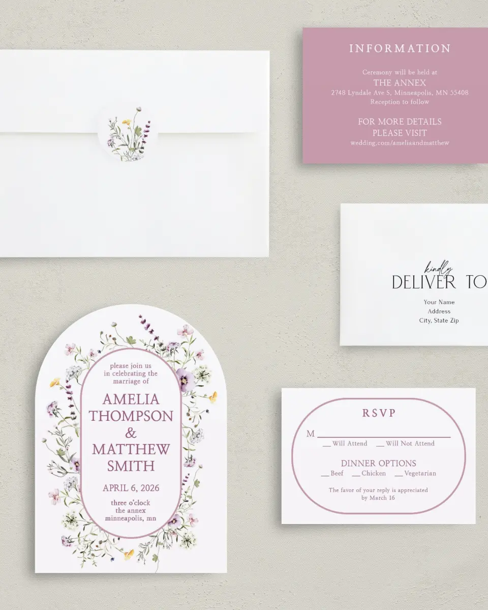 This is a 5" x 7" Arch Wedding Invitation called Whimsy Fairytale printed in full color with Silver foil on Luxe Satin paper
