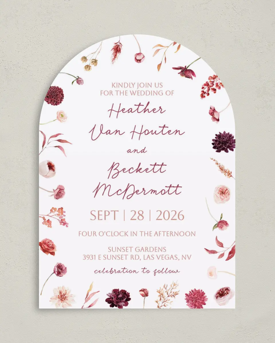 This is a 5" x 7" Arch Wedding Invitation called Mauvelous printed in full color on Luxe Satin paper