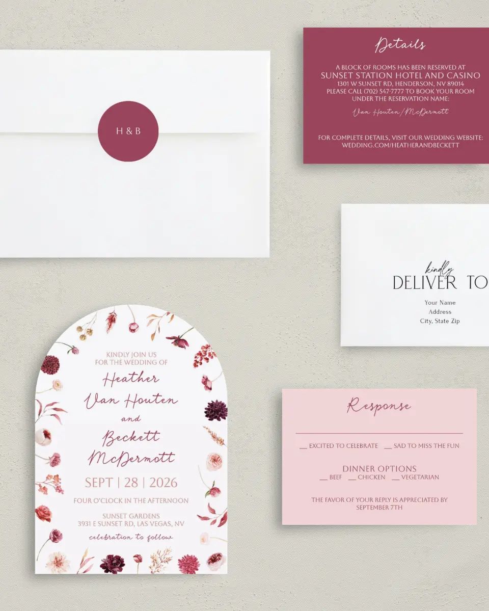 This is a 5" x 7" Arch Wedding Invitation called Mauvelous printed in full color with Gold foil on Luxe Satin paper