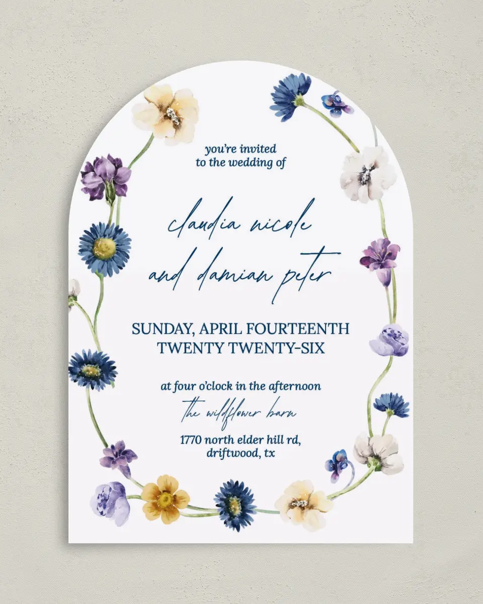 This is a 5" x 7" Arch Wedding Invitation called Wildest Dream printed in full color on Luxe Satin paper