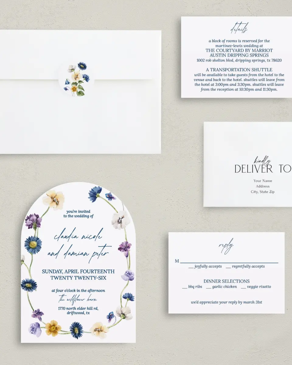 This is a 5" x 7" Arch Wedding Invitation called Wildest Dream printed in full color with Silver foil on Luxe Satin paper